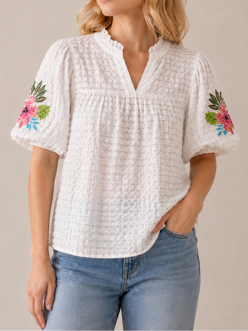 Northern Reflections Puff Sleeve Texture White Embroidered Blouse XS Cottagecore